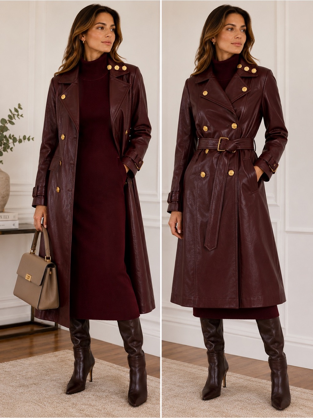 L’AGENCE Celina Burgundy Leather Trench Coat | Belted | Luxe Statement Piece